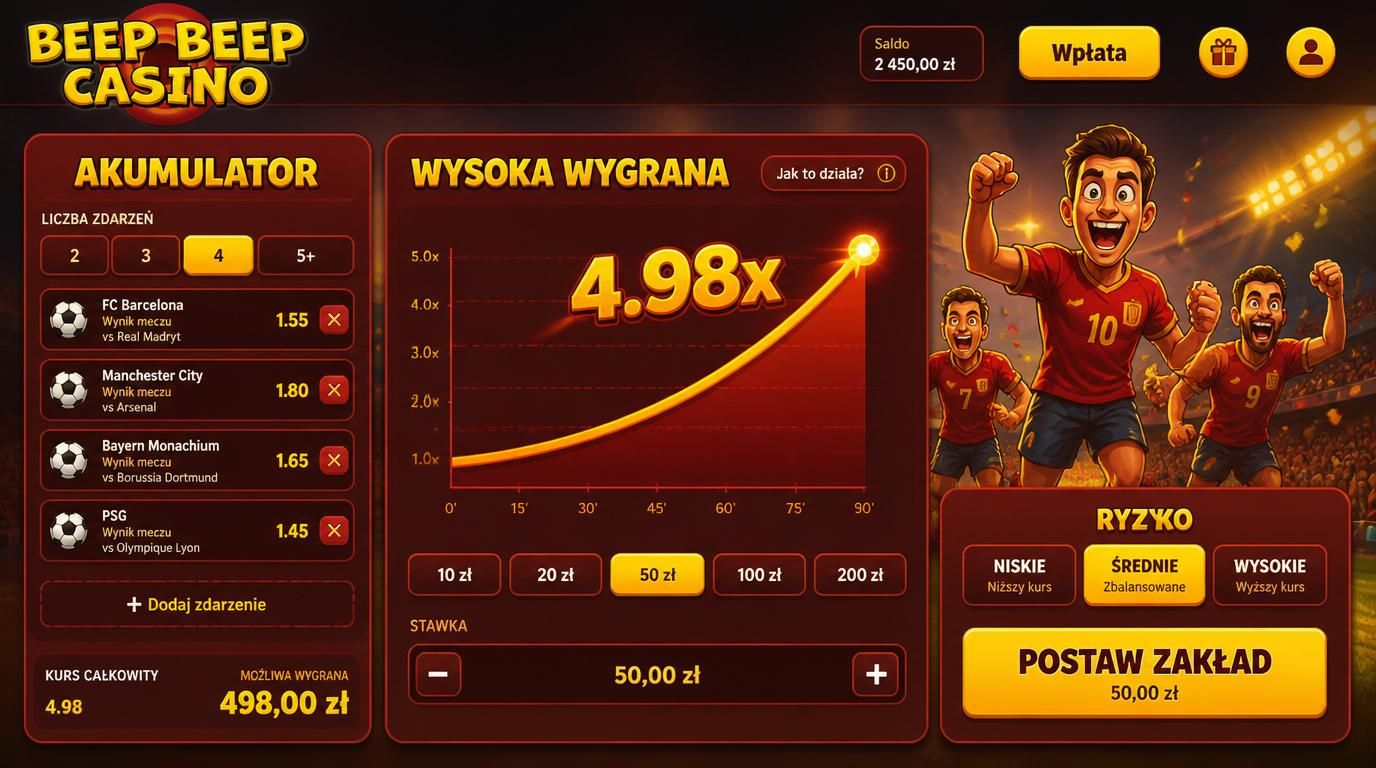 schemat kuponu akumulatora u Beep Beep Casino przedstawiający kilka meczów i mnożnik wartości