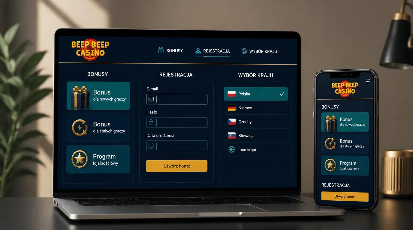 Ekran kasyna z ofertami bonusowymi, prostym formularzem rejestracji i wyborem kraju