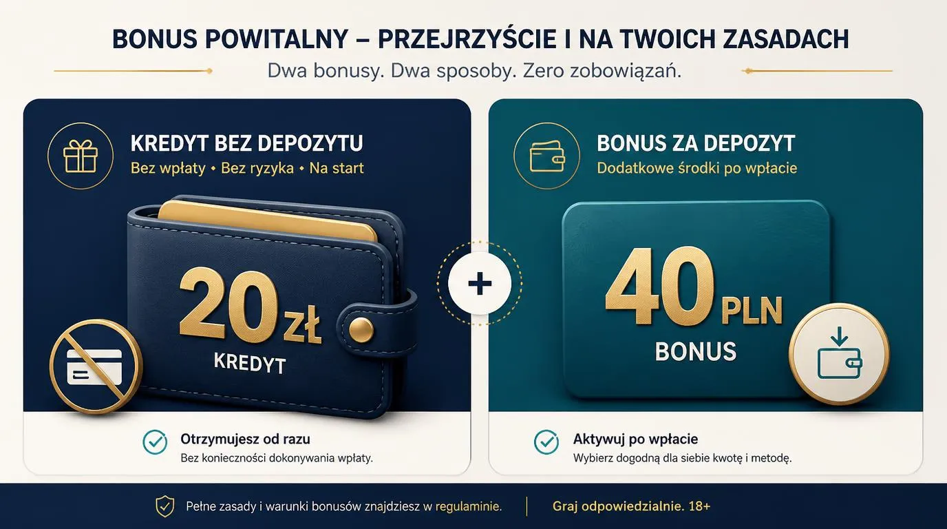 Grafika oferty powitalnej z kwotą 20 zł bez depozytu i informacją o depozycie 40 PLN