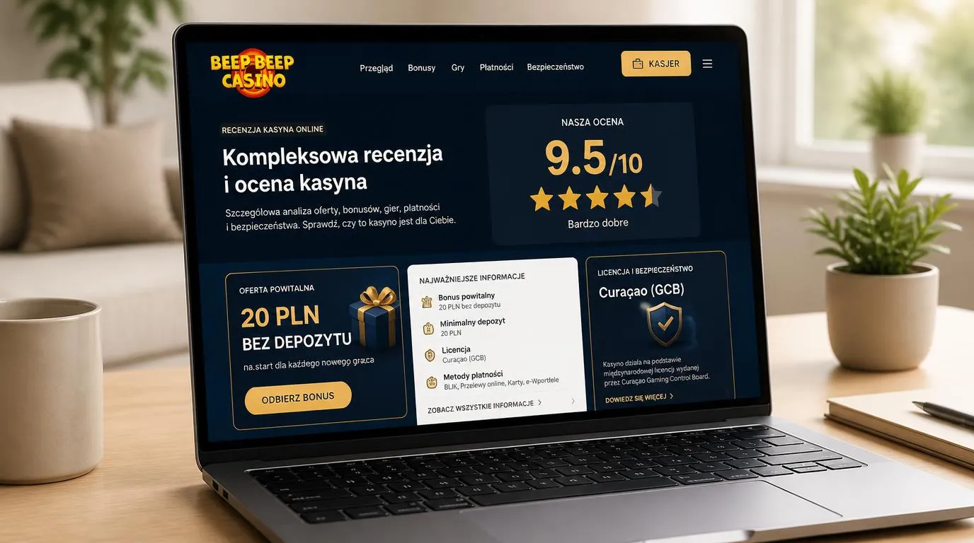 Ekran kasyna online z oceną 9,5/10, ofertą 20 zł bez depozytu i widocznym przyciskiem kasy